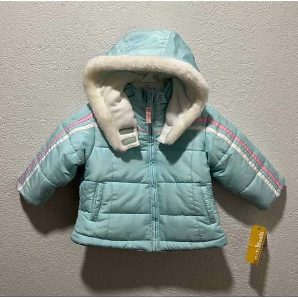 OshKosh B’gosh NWT Aqua/Pink Fur Hood Zip-Up Puffer Jacket Coat
